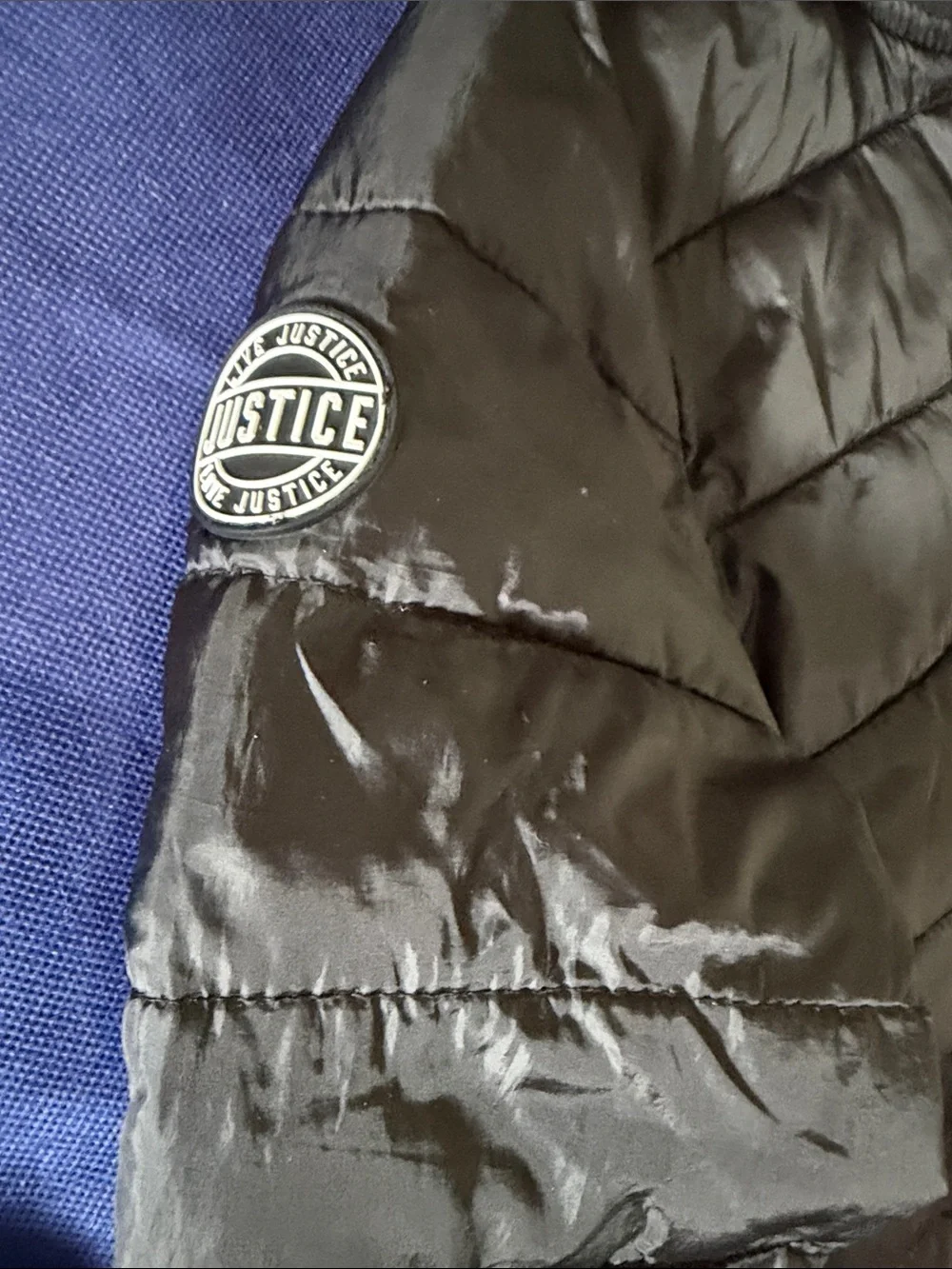 Justice Black Quilted Hooded Zip Jacket with Logo Pocket Trim